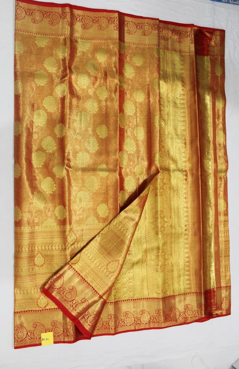 Red Golden Cotton Tissue Saree – MAYASHA